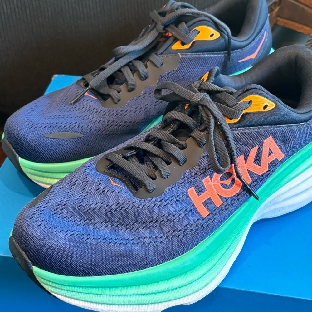 MINT HOKA ONE BONDI 8 SZ 8W (WIDE) BELLWEATHER BL (NAVY)/AQUA/WH WMNS SHOES!!!